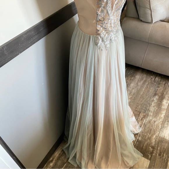 GIANNI BINI sleeveless wedding prom dress v illusion neckline green mint crochet - Picture 6 of 16